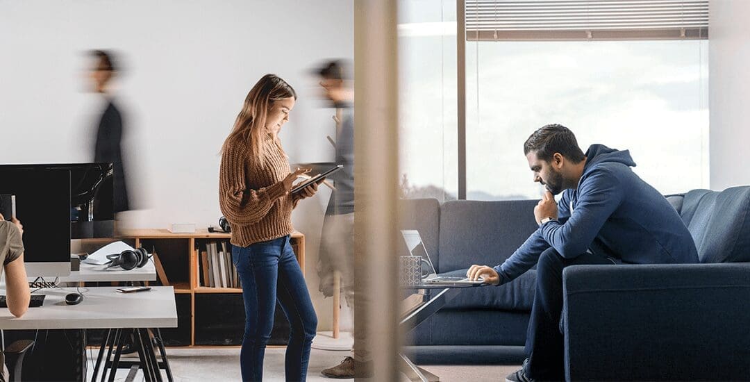 4 people in flexible work spaces focusing on their work.