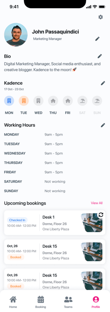 Edit your profile's working hours on your hybrid desk booking platform.