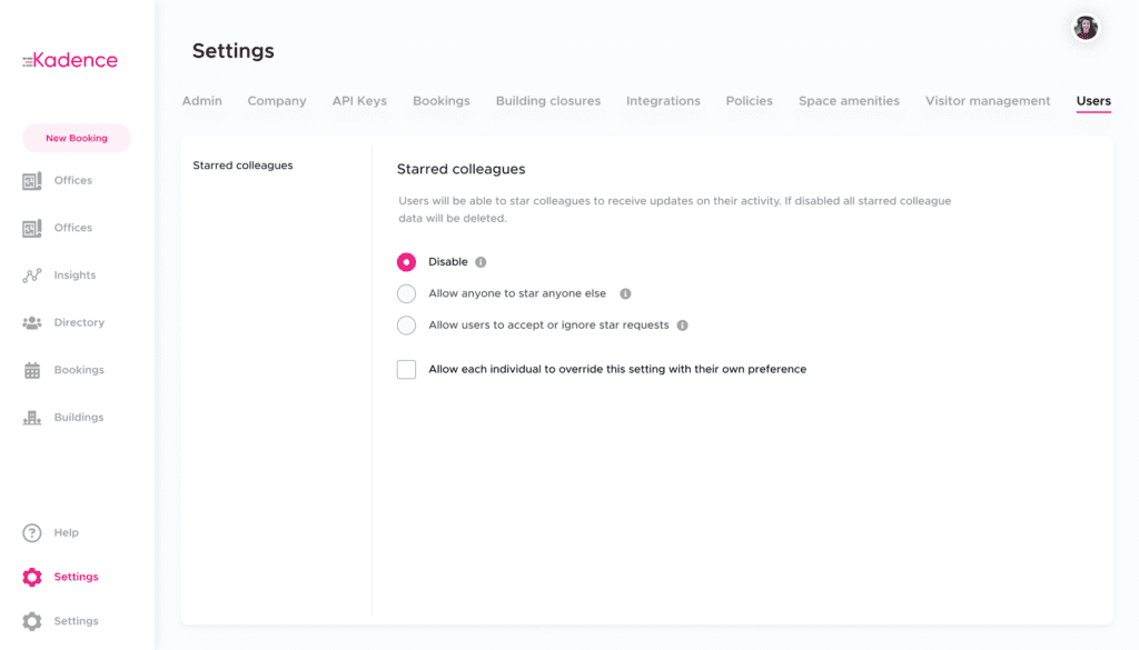 This is an image of the Kadence Web App Admins settings that shows you customizable Starred Colleague settings.