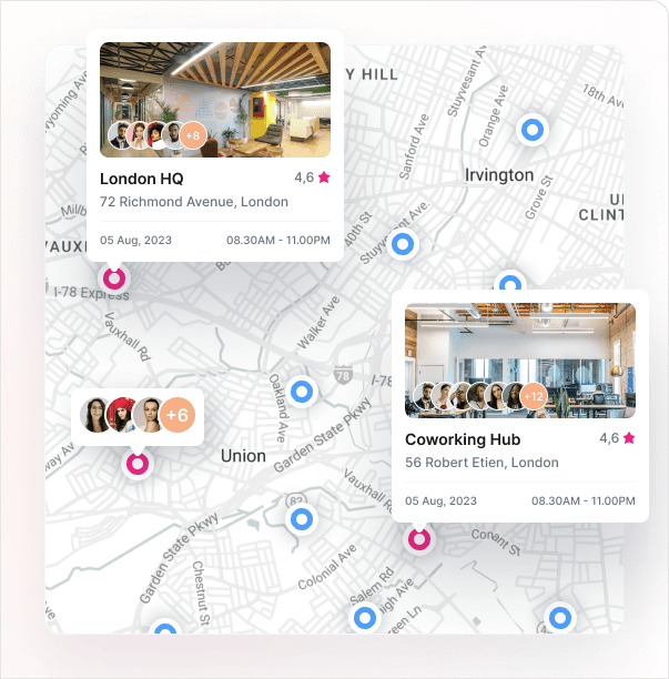 A Kadence Flex illustration of a map with various office and co-working hub locations that enables you to see where your teammates are working,