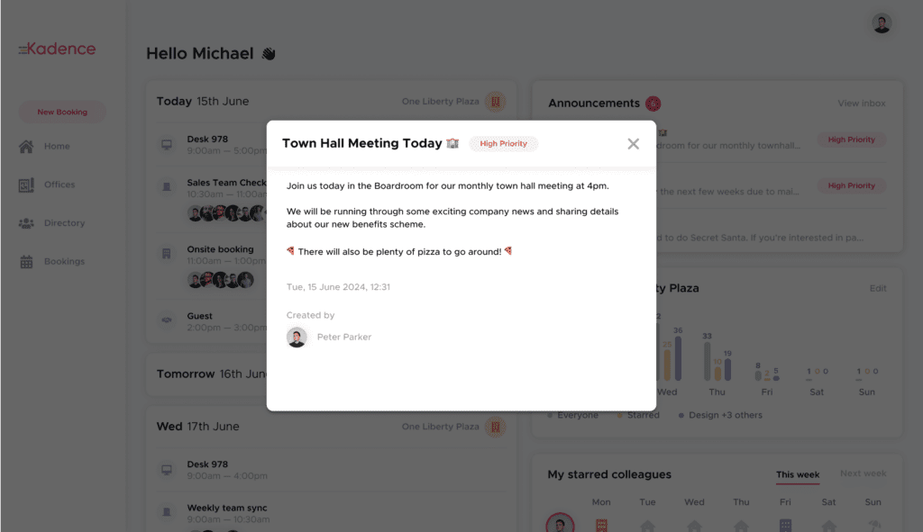 A Workplace Announcement on the Kadence dashboard informing employees of an upcoming town hall meeting