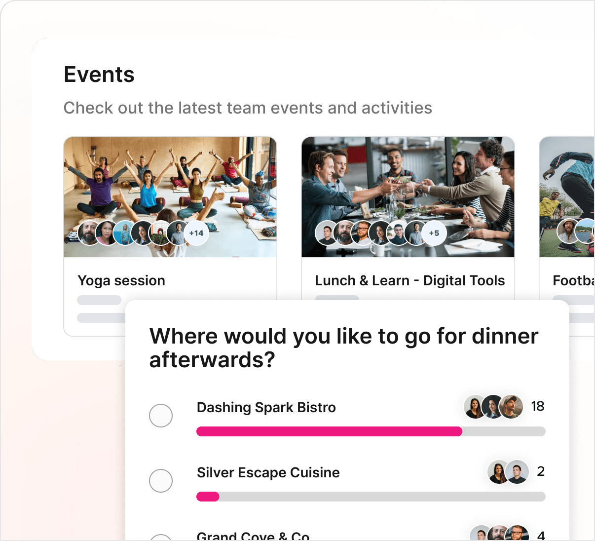 An illustration of Kadence events asking people where they would like to go for dinner.