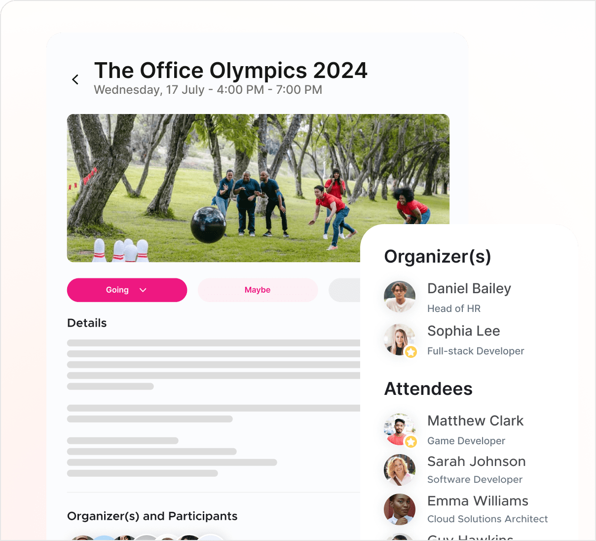 An illustration of an invitation, the organizers, and attendees to an office Olympics event