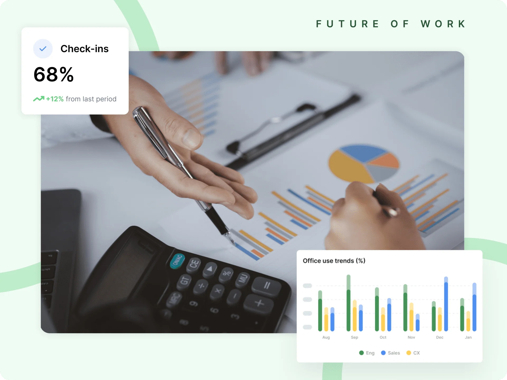 Two hands point at a printed graph and a calculator