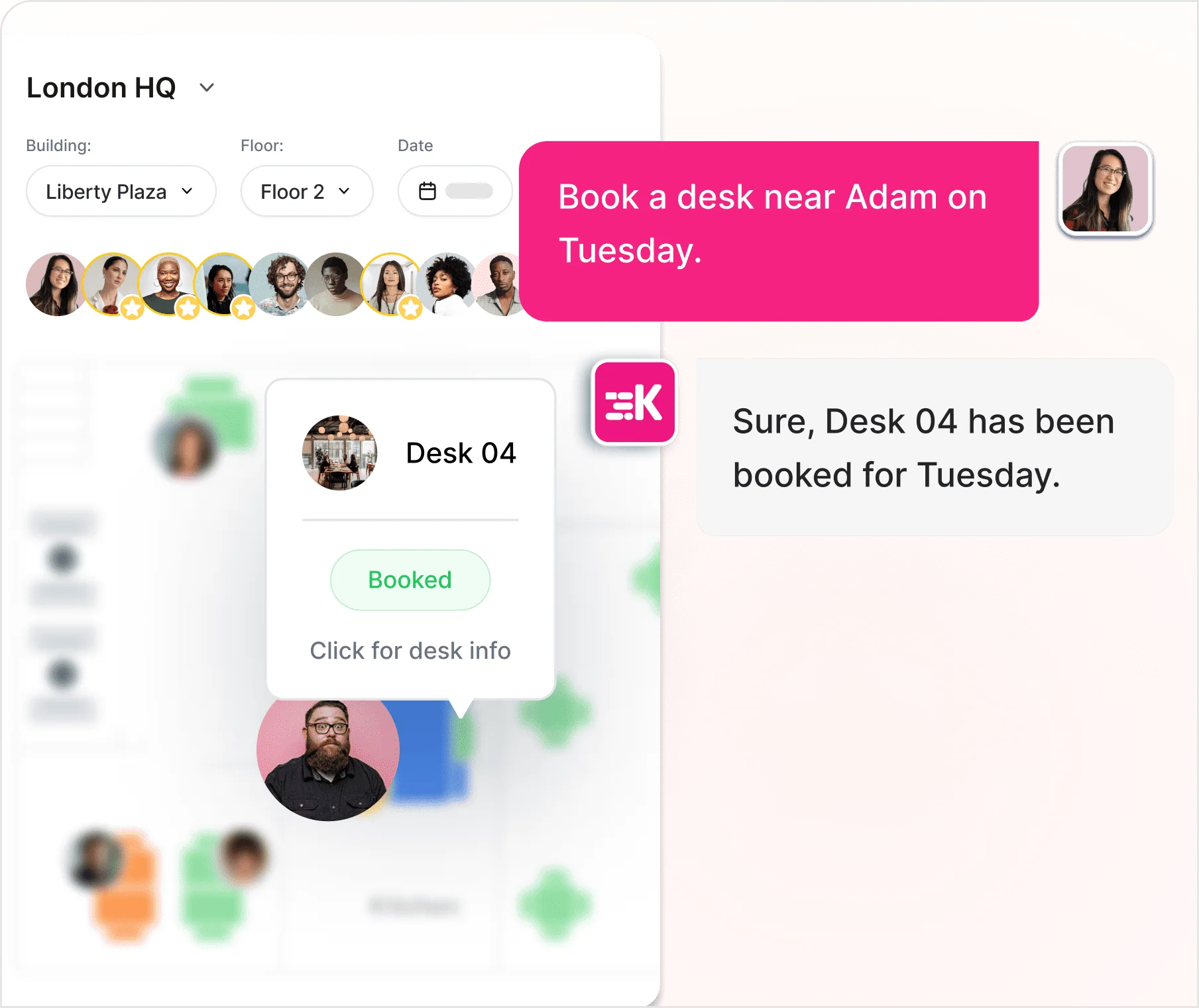 An example of asking Kadence AI to book an available desk near your teammate.