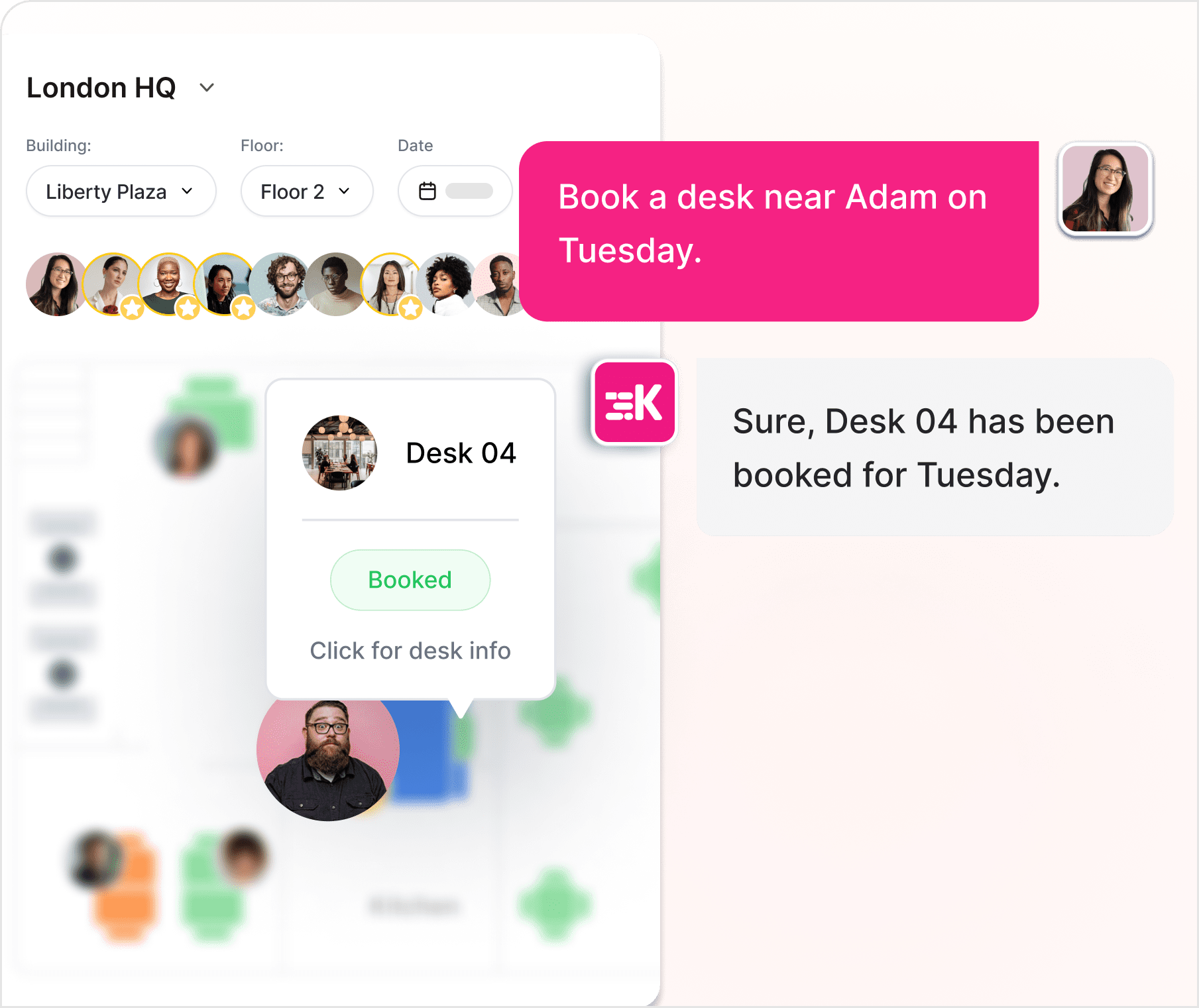 An example of asking Kadence AI to book an available desk near your teammate.