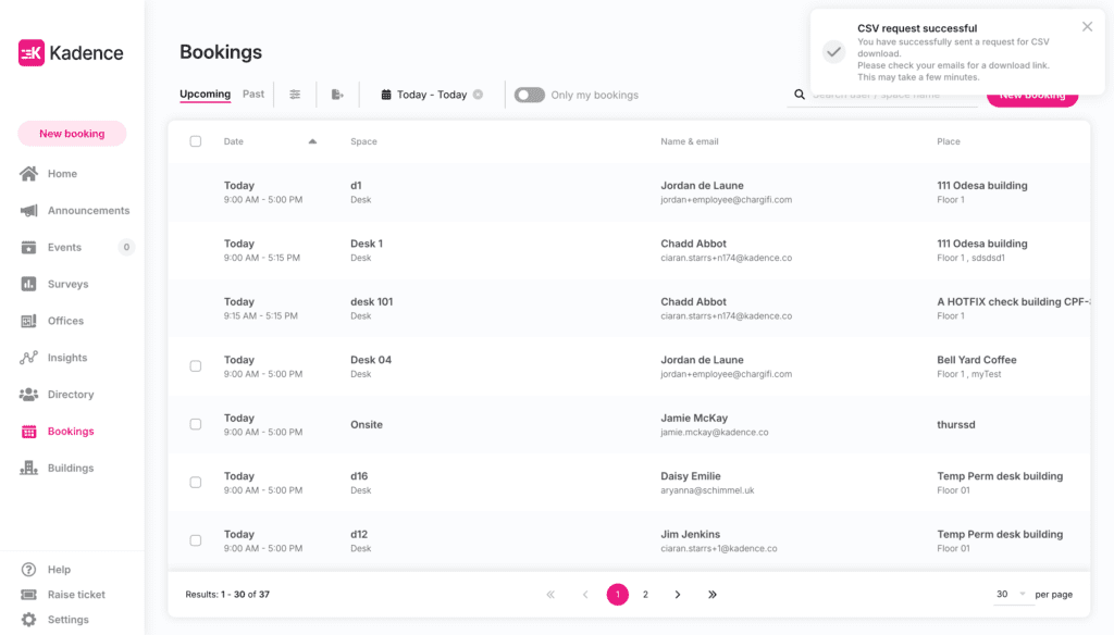 The bookings reporting section within the Kadence web app.