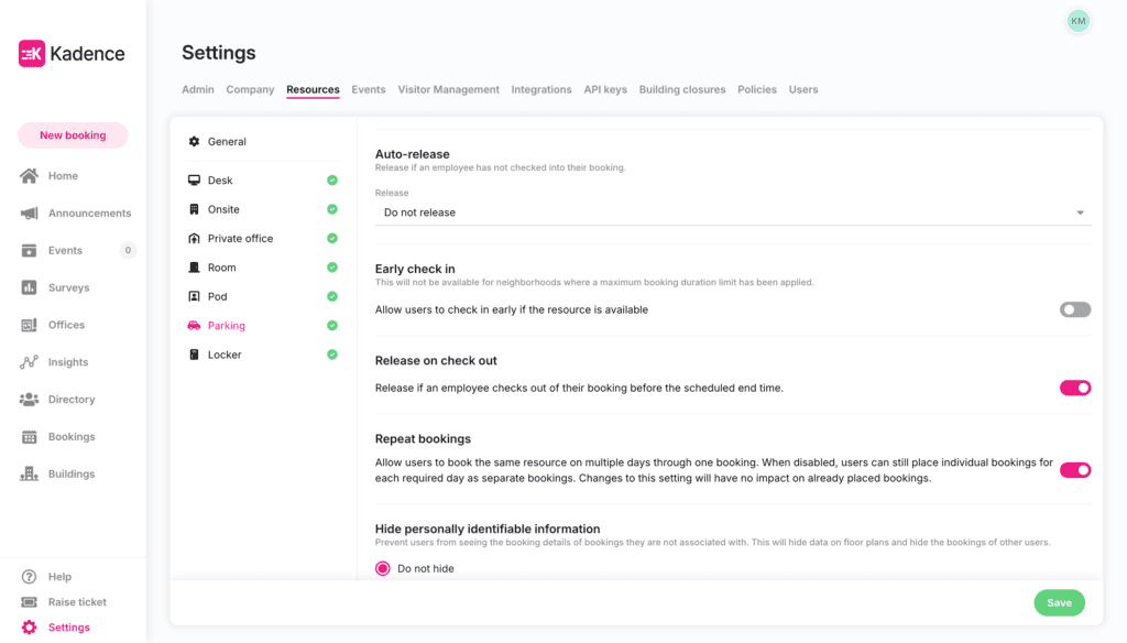 The resource sections under settings in the kadence Web app.
