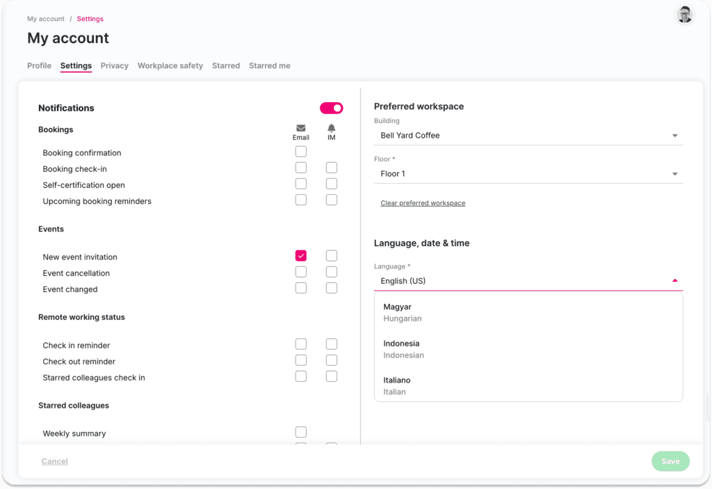 Kadence's language selector within the settings menu
