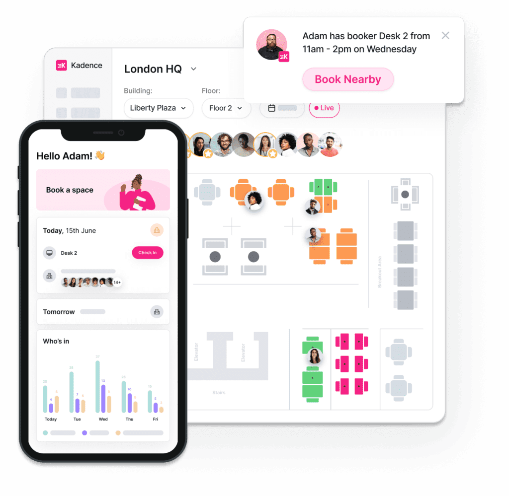 A stylized image of Kadence's Desk Booking Coordination Interface