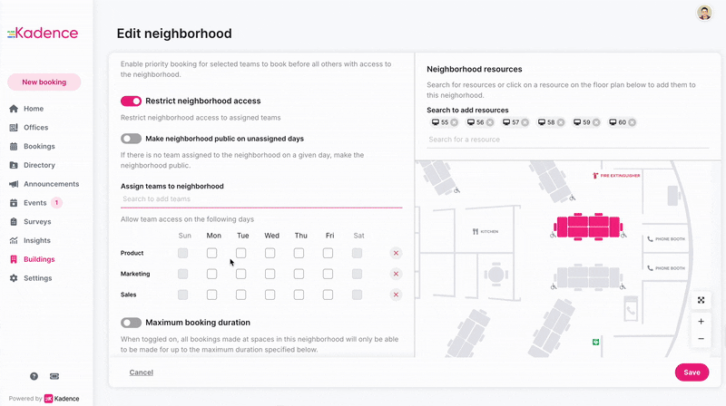 A GIF showing how to set up office neighborhoods in Kadence
