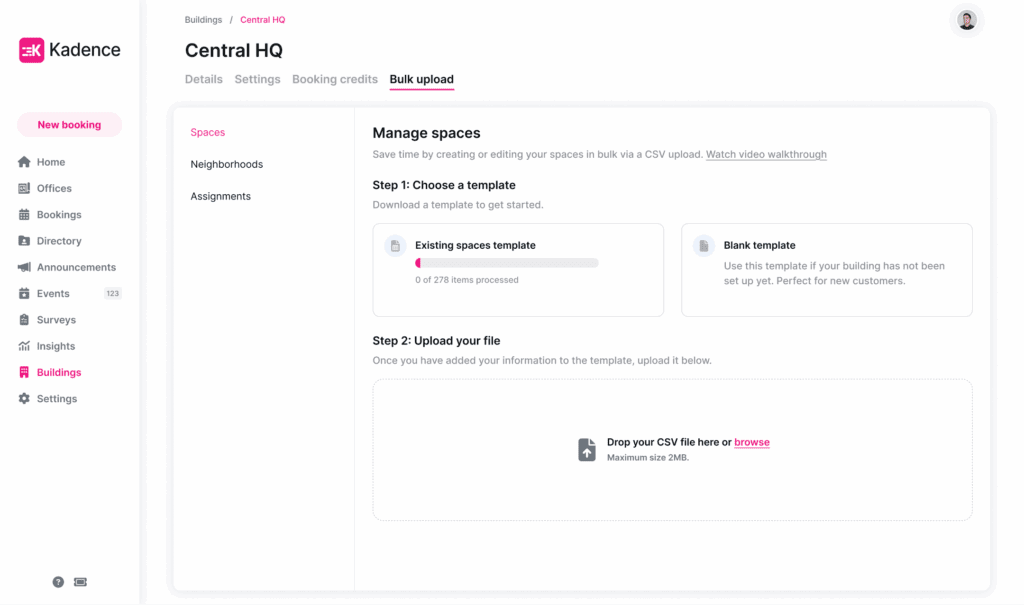 The bulk uploads settings in the Kadence Web app.