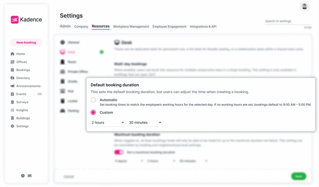 Default booking duration toggle in Kadence settings.