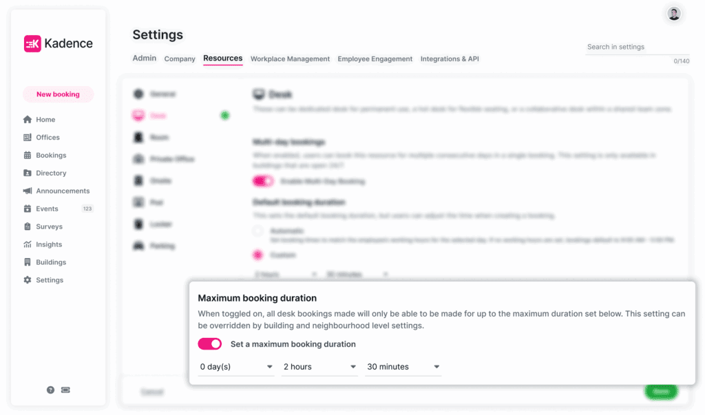 Maximum booking durations toggle in Kadence settings.