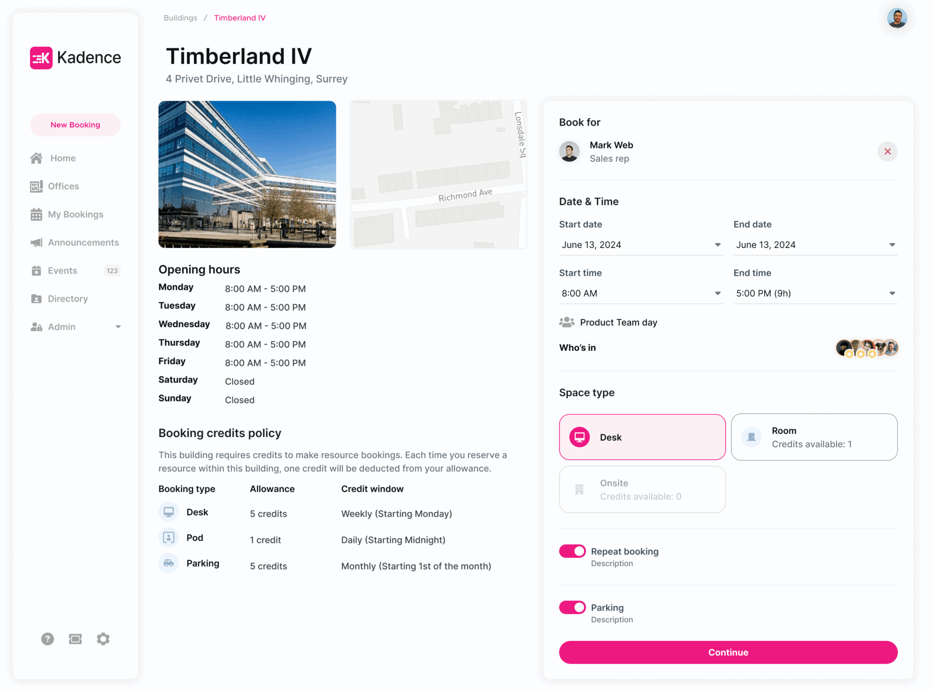 The space booking screen inside the Kadence platform.
