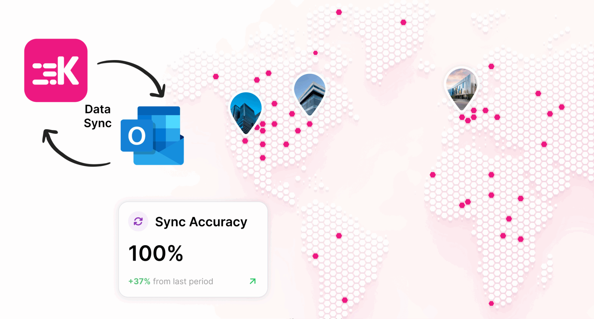A stylized design of how kadence and outlook sync across global office.