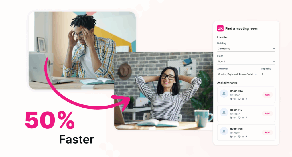 A stylized image of someone struggling to someone not struggle with meeting room bookings in outlook.