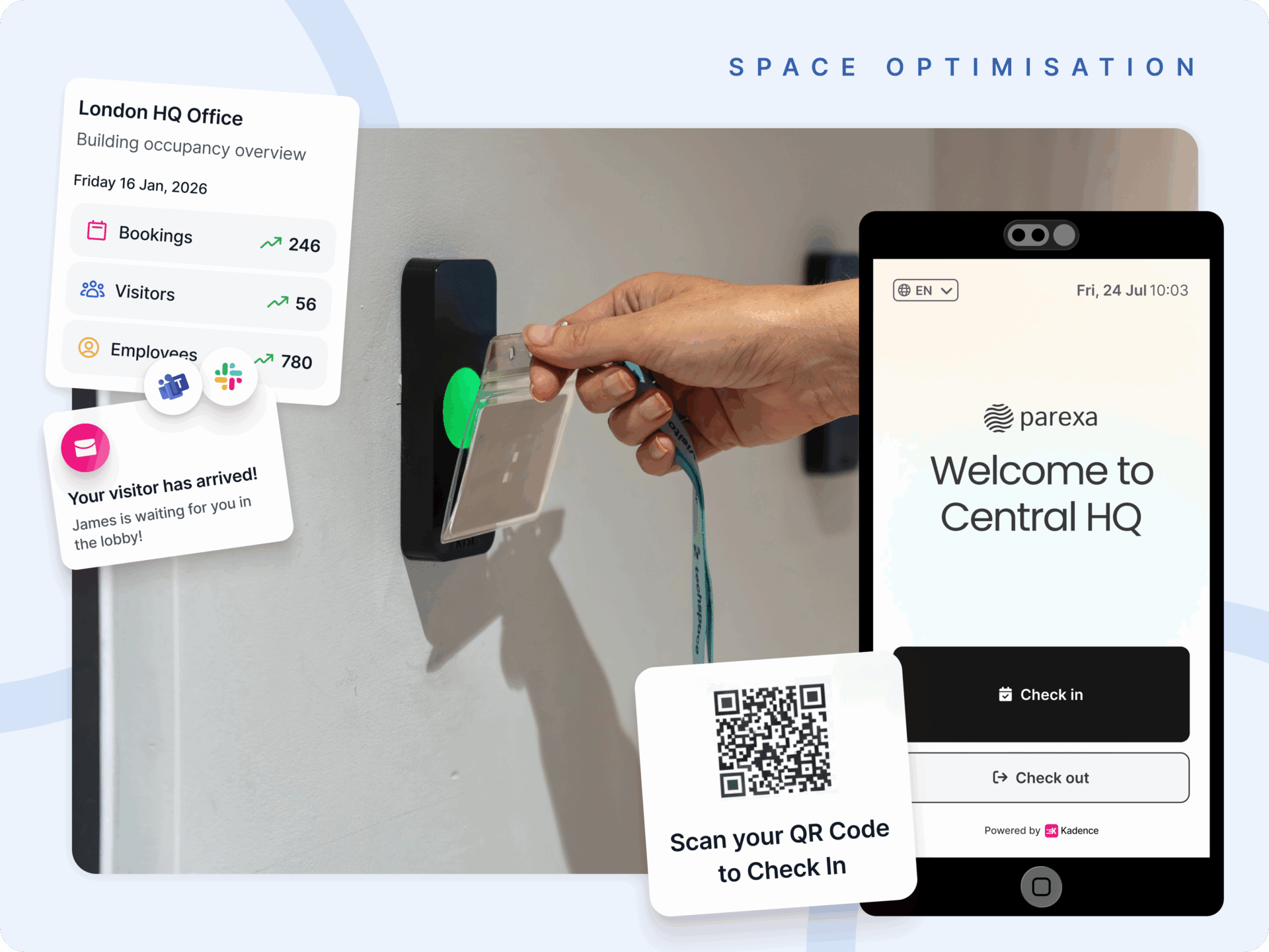 Visitor checking in at an office using a QR code, with a digital kiosk screen and real-time occupancy and visitor insights displayed.